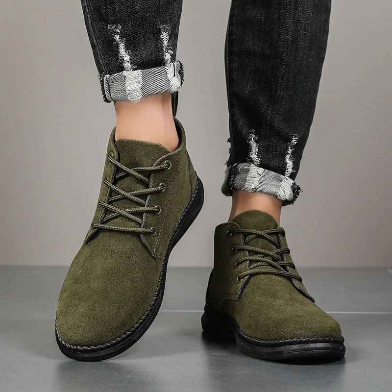 High Top Casual Board Shoes Men\'s Lace Up Suede Flat Bottom Short Boots Men\'s Chelsea Boots High-quality Brand Denim Boots Black