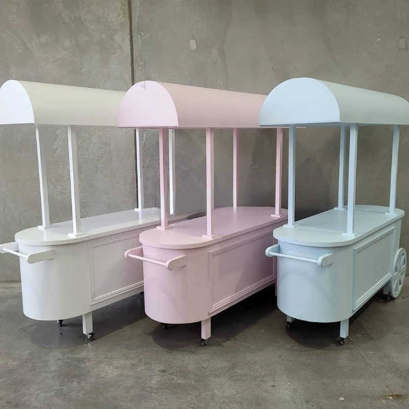 

custom sells wedding party white cotton candy wooden cake candy cart with wheels