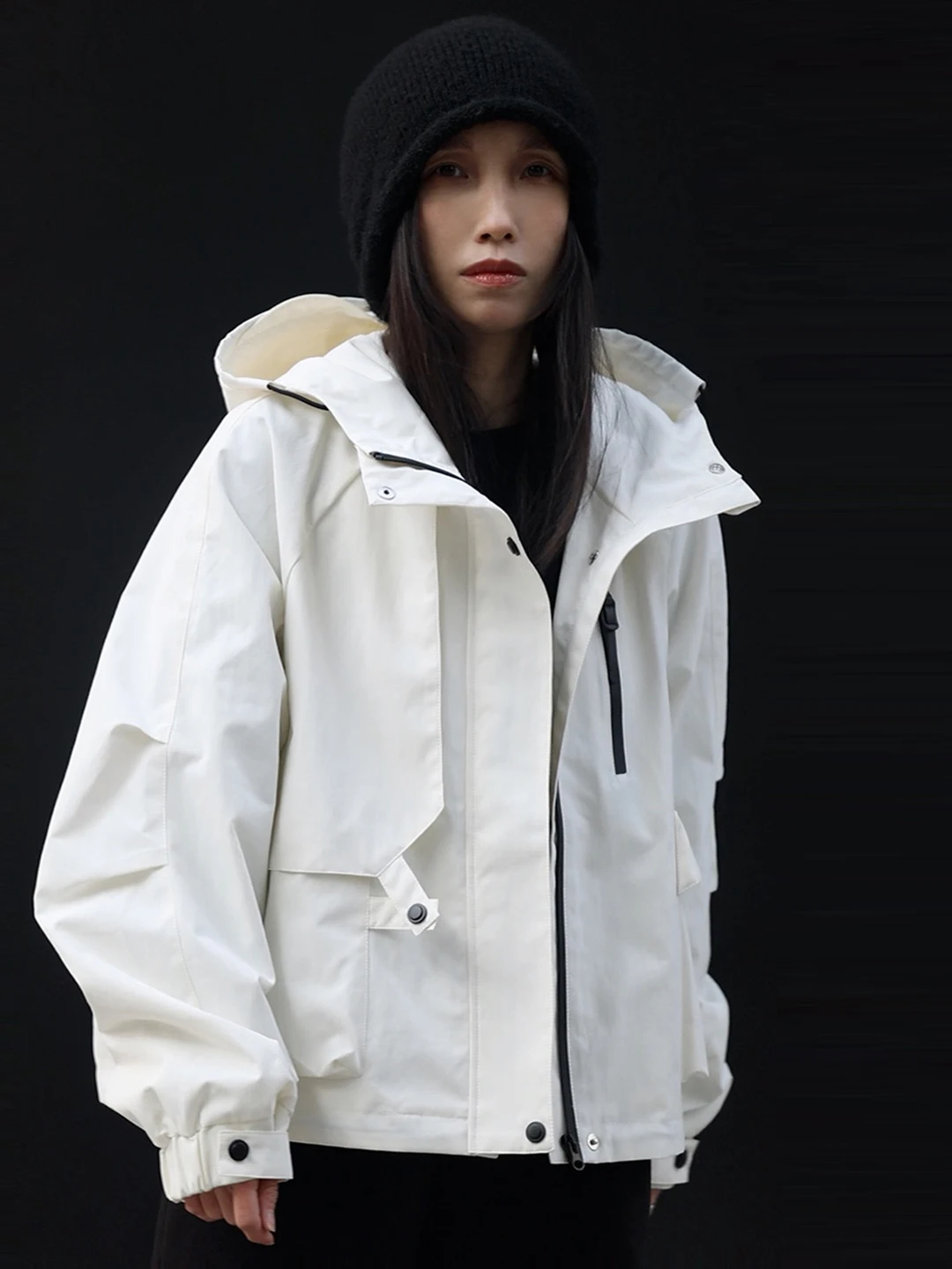 

White Casual Sle ort Length Ultra-ort Women's Jaet Hooded Multi-ket Asymmetric Nylon Fiber oulder-Length Zipper