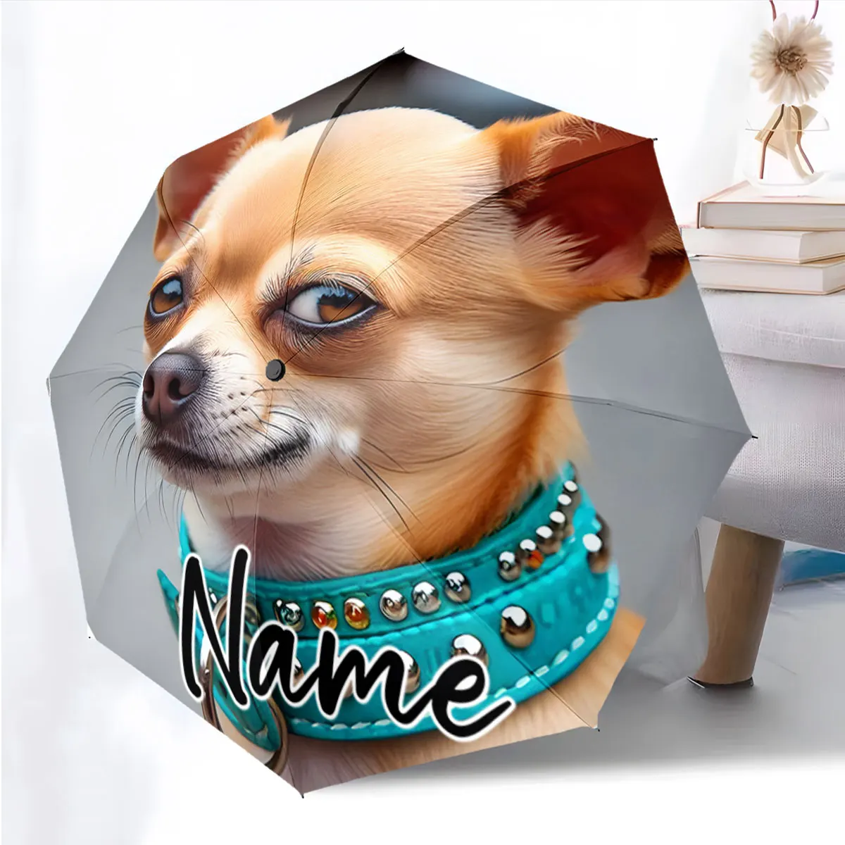 Custom Name Unique Dog Design Printed Umbrella Print 8 Iron Ribs Folding Umbrella Auto-Open Fashion Sunshade