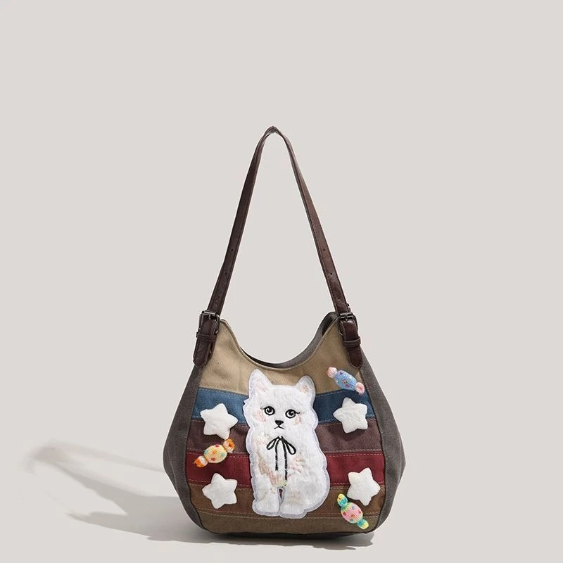 

Original Kitten Tote Bag Commuter Millennial Large-capacity Striped Shoulder Messenger Bag Exquisite Simple Casual Personality