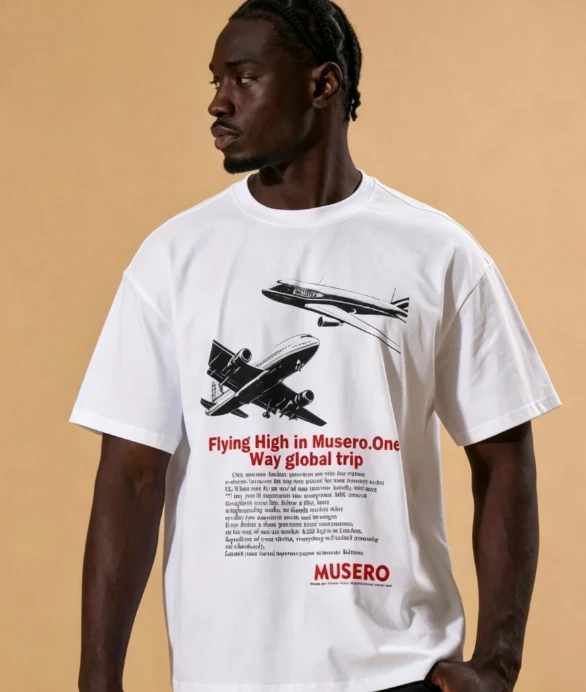 2026 new Round-neck short-sleeved retro sketch airplane pattern men's and women's universal travel and casual T-shirt