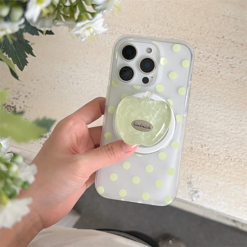 

Kawaii Light Green Polka Dot Magnetic Phone Case For iPhone 17 16 15 14 Pro Max Apple Stand Shockproof Protective Cover For MagS