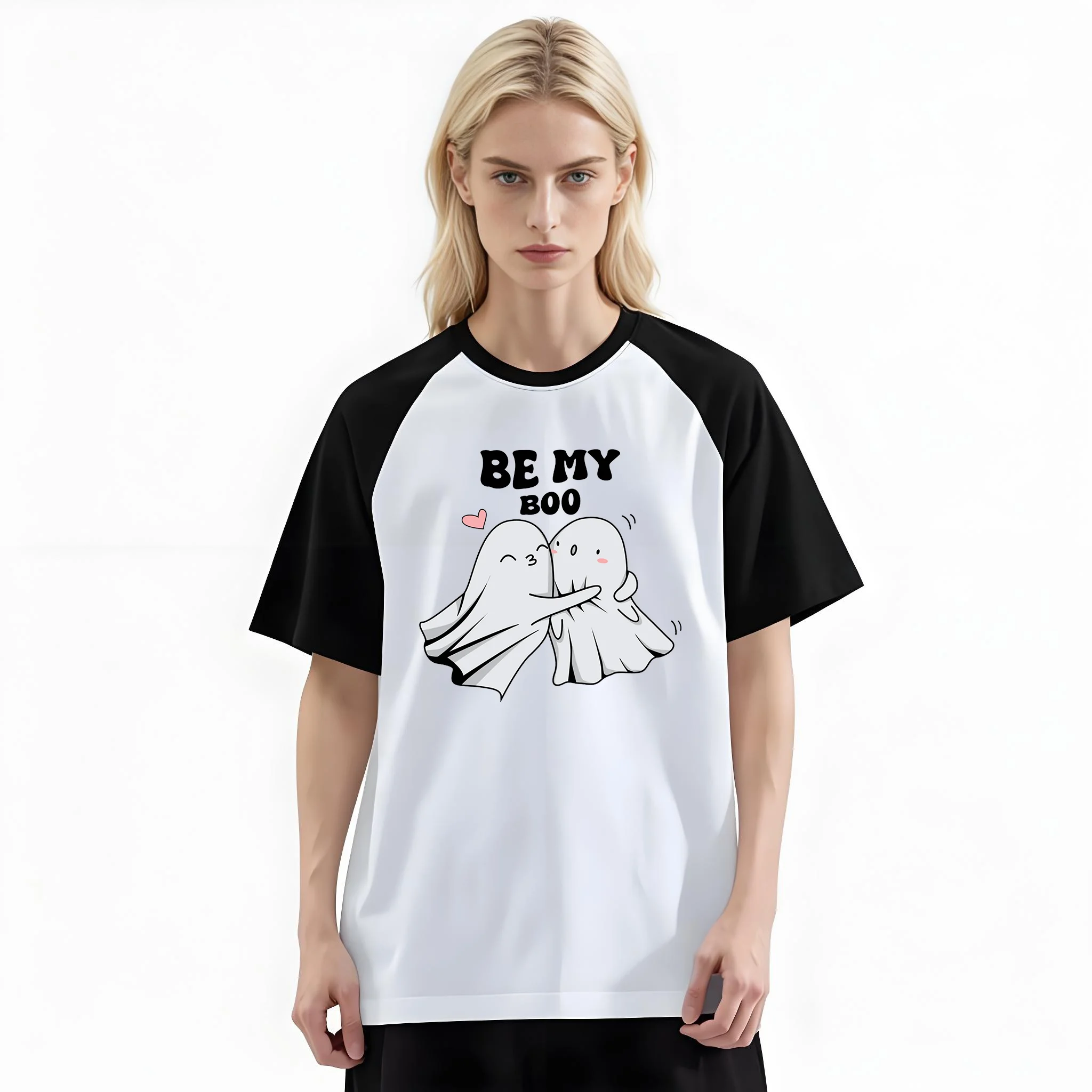 Women'S Fashion Raglan Sleeve T-Shirt, Be My Boo Hugging Ghost Valentines Printed, Summer Casual Comfortable Tee, Women'S Everyday Short-Sleeve Top