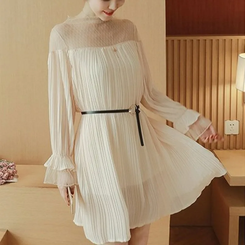 Elegant Summer Chiffon Maternity Dresses Pleated Lace Dress Women Fashion Princess Sleeves Pregnant Clothing with Belt