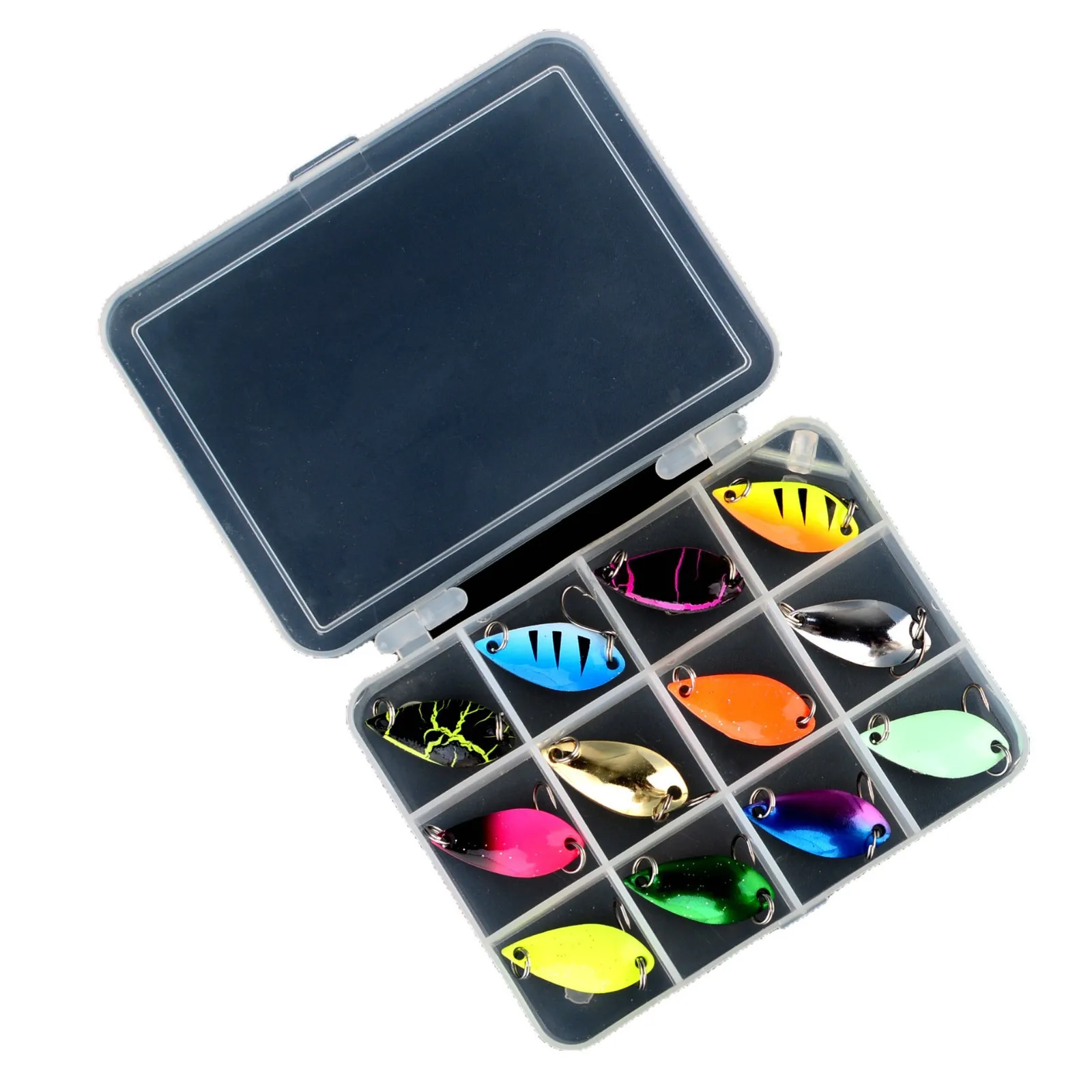 12-teiliges kleines Löffelköder-Set, 2,8 cm, für Panfish, 2,5 g, 3,5 g, 5 g, ultraleichtes Angelköder-Set, Metallklingenköder zum Gießen von Forellenbarsch