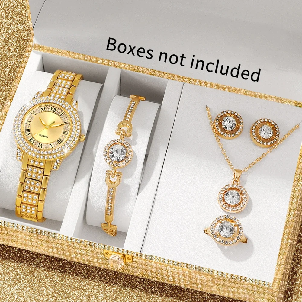 Women 5Pcs Watch Jewelry Set Gold Full Rhinestone Roman Dial Quartz Wristwatch Bracelet Necklace Earrings Ring Ladies Gift