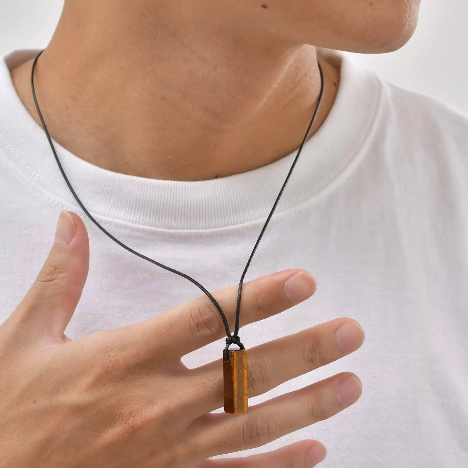 Green Healing Natural Stone Necklace for Men,Cylinder Pendant with Black Leather Long Wax Rope Collar,Sweater Chain Gift - Image 2