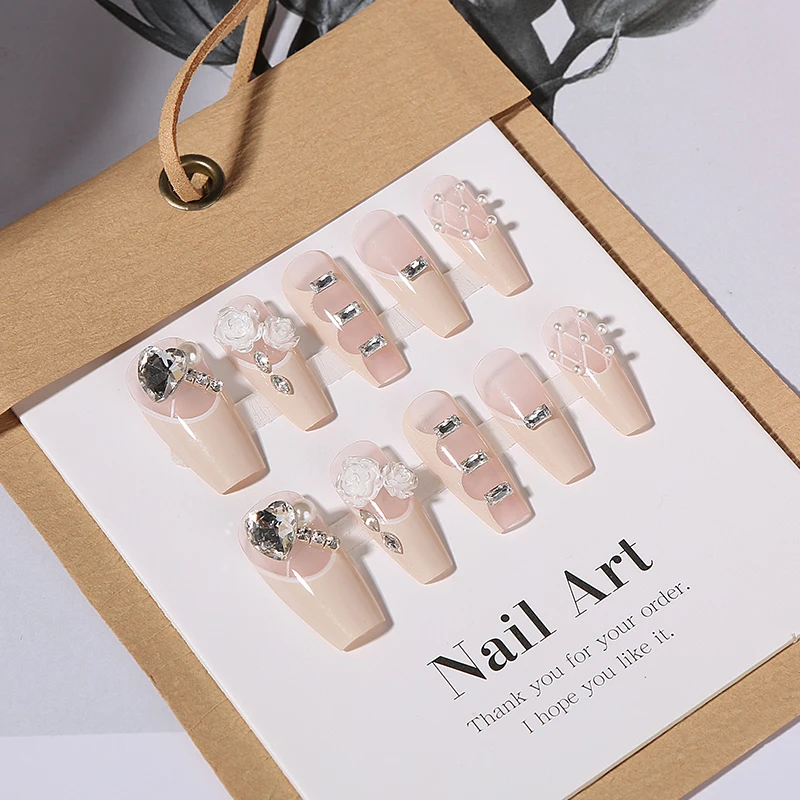 تابوت باليه مصنوع يدويًا أظافر مضبوطة ، تصميم حجر الراين واللؤلؤ ، أطراف أظافر زائفة مع ملصق جيلي ، فاخرة ، كاميليا ، 10 ~