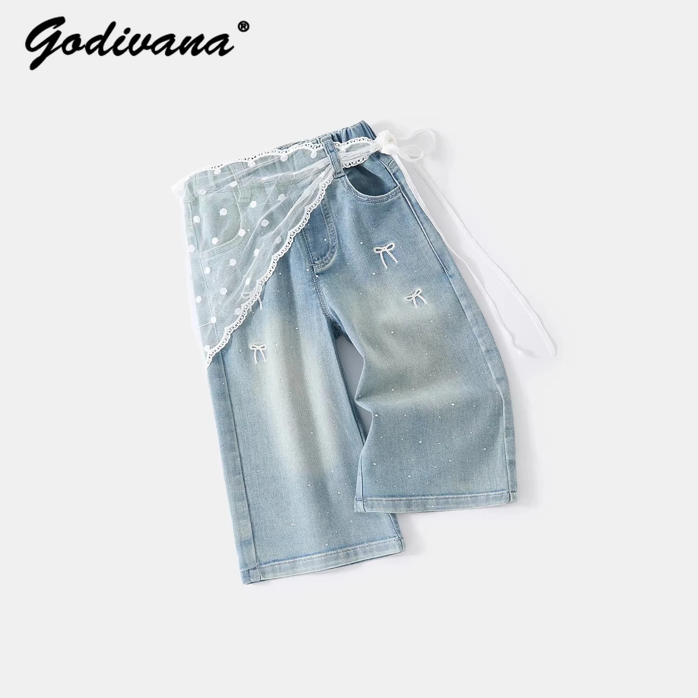 Little Girls Jeans 2026 New Spring and Summer Fashion Bow Print Lace Hem Cover Jeans Cute Baby Straight-leg Elastic Waist Pants