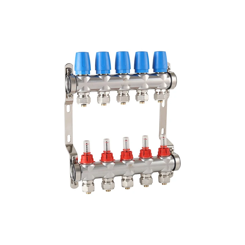 Adjustable stainless steel manifold kit with flow meter for underfloor heating, including 3/4' x Φ16mm or 3/4' x Φ20mm adapters.