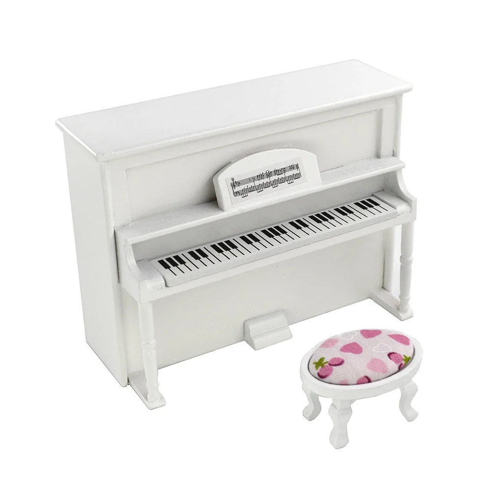 1/12 Dollhouse Miniature Wooden Upright Piano with Stool Mini Musical Instruments Toy for Doll House Accessories Decoration ob11
