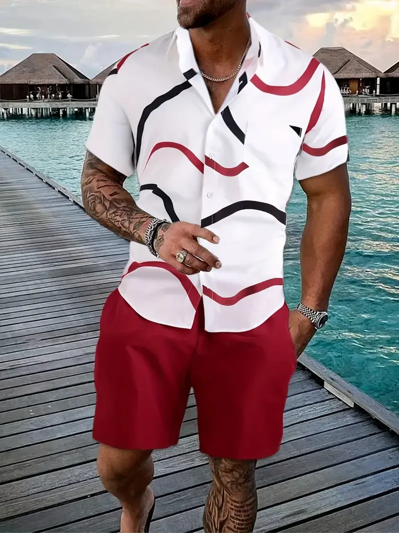 Men Shirts Sets Summer Vintage Stitching line Beach Short Sleeve Shirt Shorts Casual Trip Mens Hawaiian 2 Piece Suits Clothing