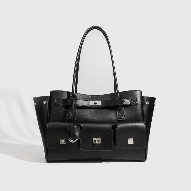 

Новая черная сумка-тоут из искусственной кожи в мотоциклетном стиле, женская сумка через плечо большой вместимости для поездок на работу, сумка через плечо под мышками