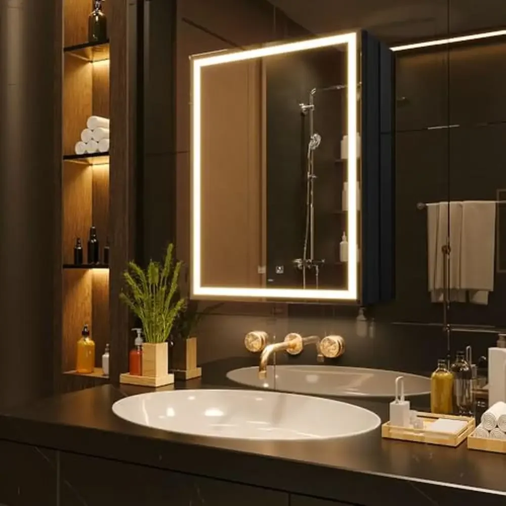 Botiquín de baño con luz LED de 20x28 pulgadas con desempañador y USB, espejo de maquillaje con luz de 3 colores regulable, diseño que ahorra espacio