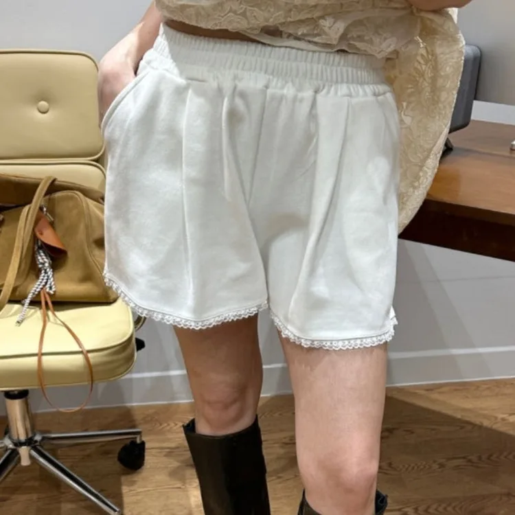 Losse elastische taille casual broek dames chique lente zomer nieuwe sle klein formaat afslankende kanten rand hot girl ort ort orts