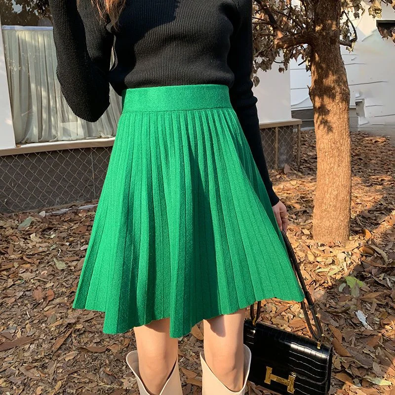 Women Skirt Short Green Beige Black Knitted Pleated Skirt A-Line High Waist Korean Spring Autumn Winter Skirt mujer faldas