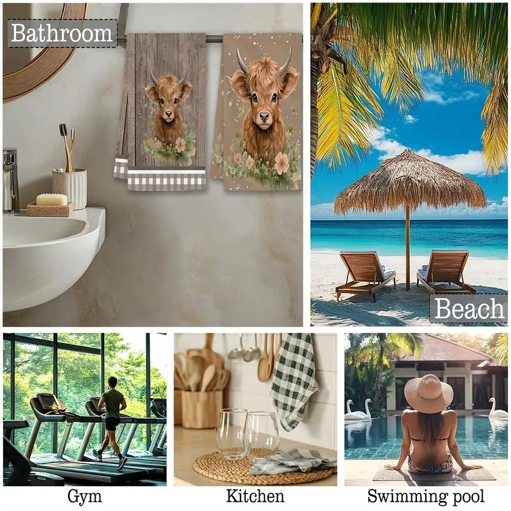 Jit 2pcs Highland Cow Wooden Floral Pattern Dish Towels For Home Kitchen Farmhouse Decor