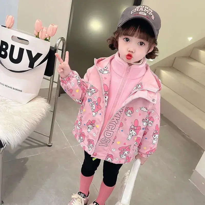 Sanrio Girl Hooded Coat Autumn Winter Velvet Thicken Keep Warm Kawaii New Jacket Kuromi My Melody Cartoon Fashion Cotton Clothes