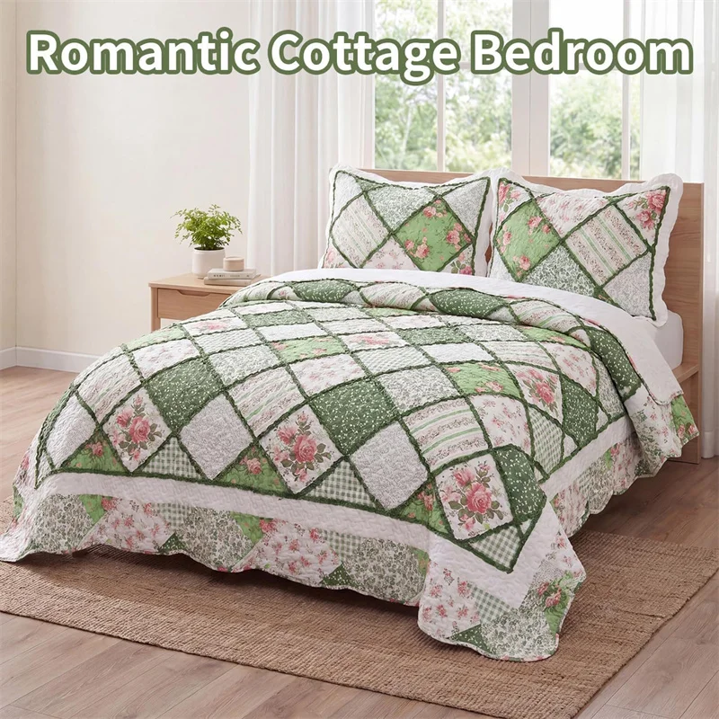 Floral Patchwork Quilt Set 3pcs Polyester Bedspread Lightweight Coverlet King Queen Size Ruffle Bed Cover Blanket Home Bedding