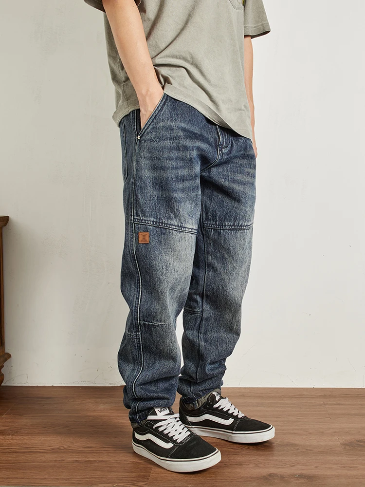 

Белые джинсы с усами в стиле ретро, мужские тяжелые джинсы с потертостями, свободные модные длинные джинсы с потертостями, повседневная одежда