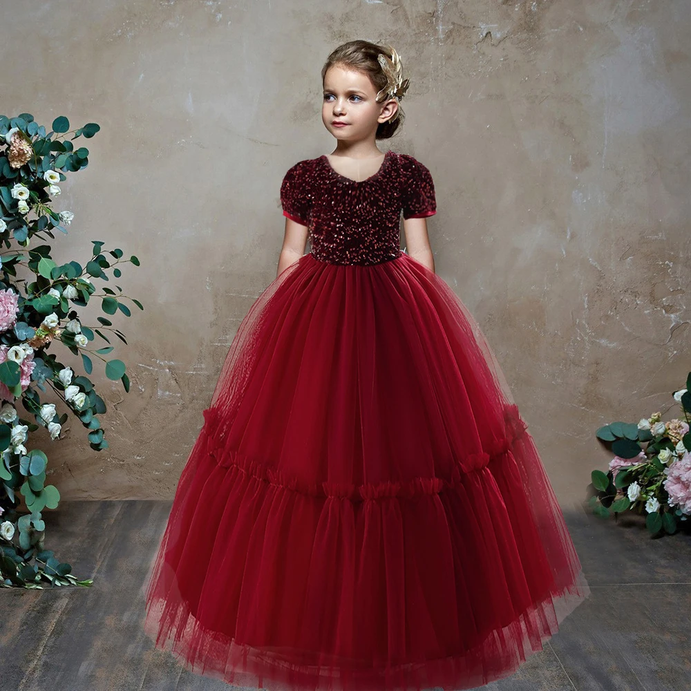 Girls Party Dresses Sequined Bow Gala Prom Gown For Children Kids Formal Events Costume Birthday Princess Clothes Vestidos