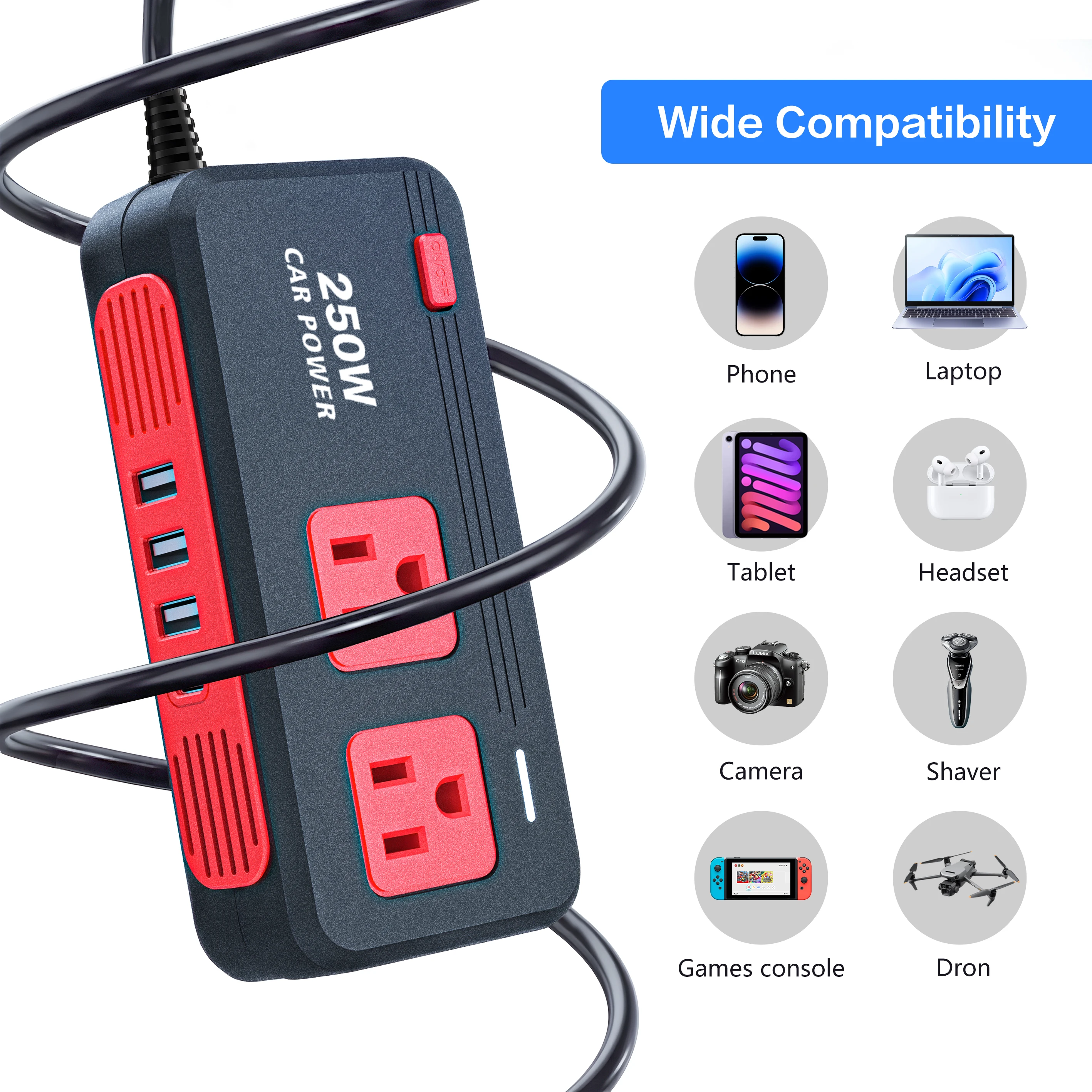 250W Car Power Inverter  DC 12V to 110V AC Converter with 2 AC Outlets, PD 18W, QC 3.0 18W and 2 USB