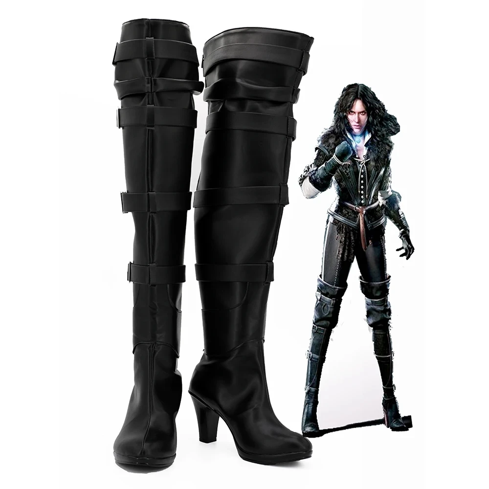 Botas pretas Cosplay para homens e mulheres, Game Yennefer, Sapatos longos, Carnaval, Halloween, Role Play, Festa, Custom Made