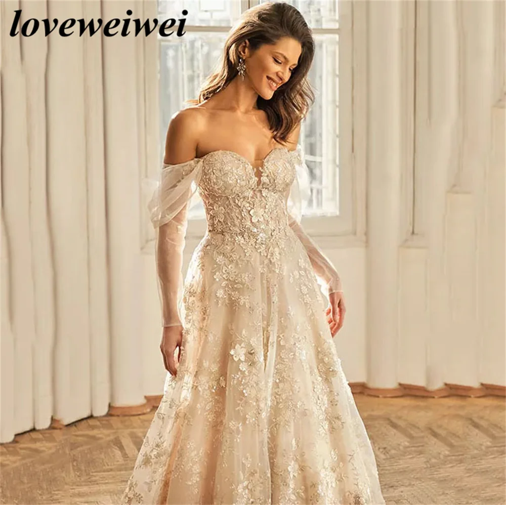 Querida Fora Do Ombro Princesa Vestidos De Casamento A Line Bride Gowns Lace 3D Flowers Applique Bridal Dress Vestido Personalizado robe de mariée