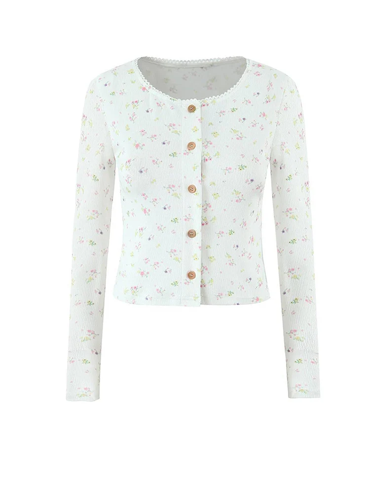 

Women Floral Print Long Sleeve Shirts Elastic Slim Korean Style Crop Tops Blouses