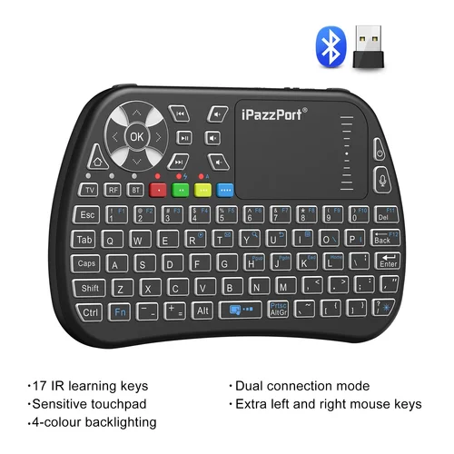 Mini teclado Bluetooth iPazzPort con panel táctil, 2,4 Ghz, retroiluminación, recargable, compatible con Smart TV, Android TV Box, PC