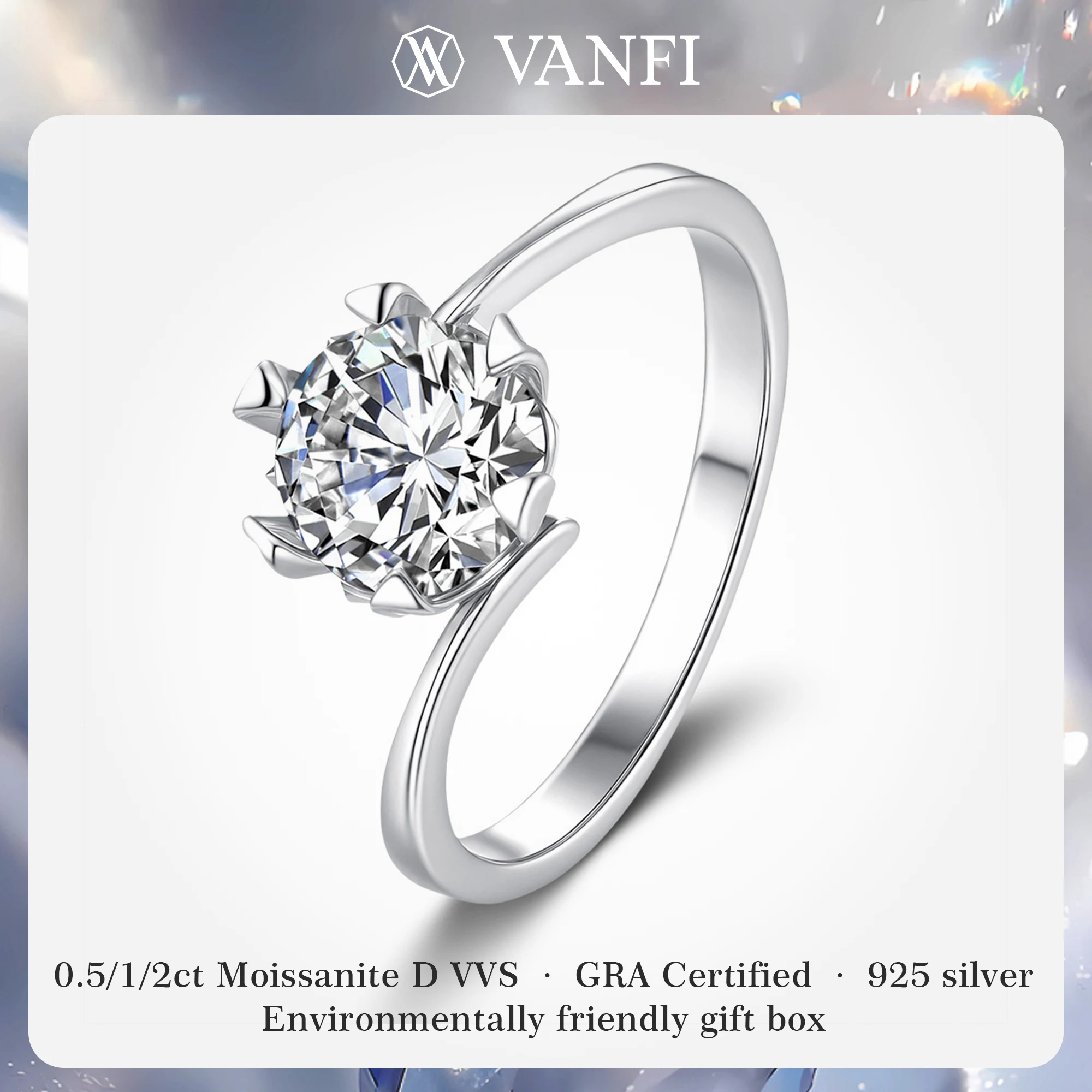 

kfvanfi 0.5/1/2ct GRA Moissanite D VVS Flower Women's Ring s925 Sterling Silver Plated 18k White Gold Wedding Proposal Jewelry