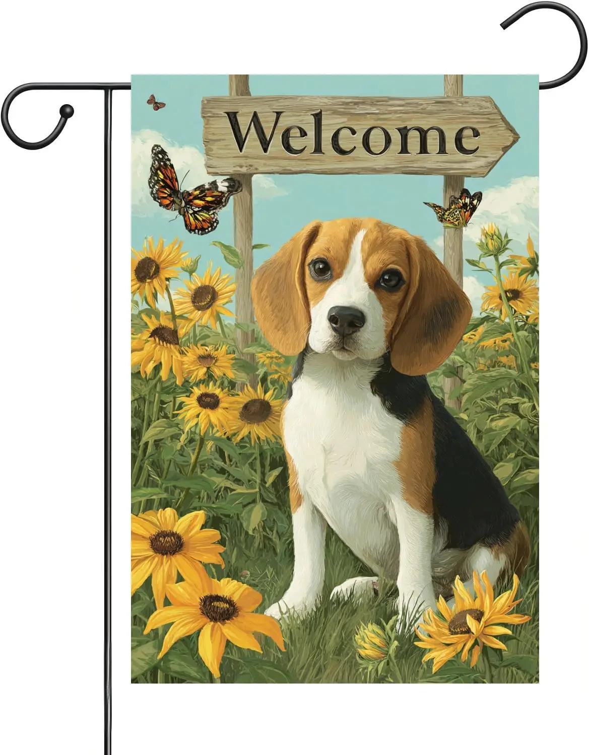 Beagle Spring And Summer Garden Flags Sunflowers And Butterflies 12x18-Inch Double-Sided Linen Lawn Courtyard Party Outdoor  AAS