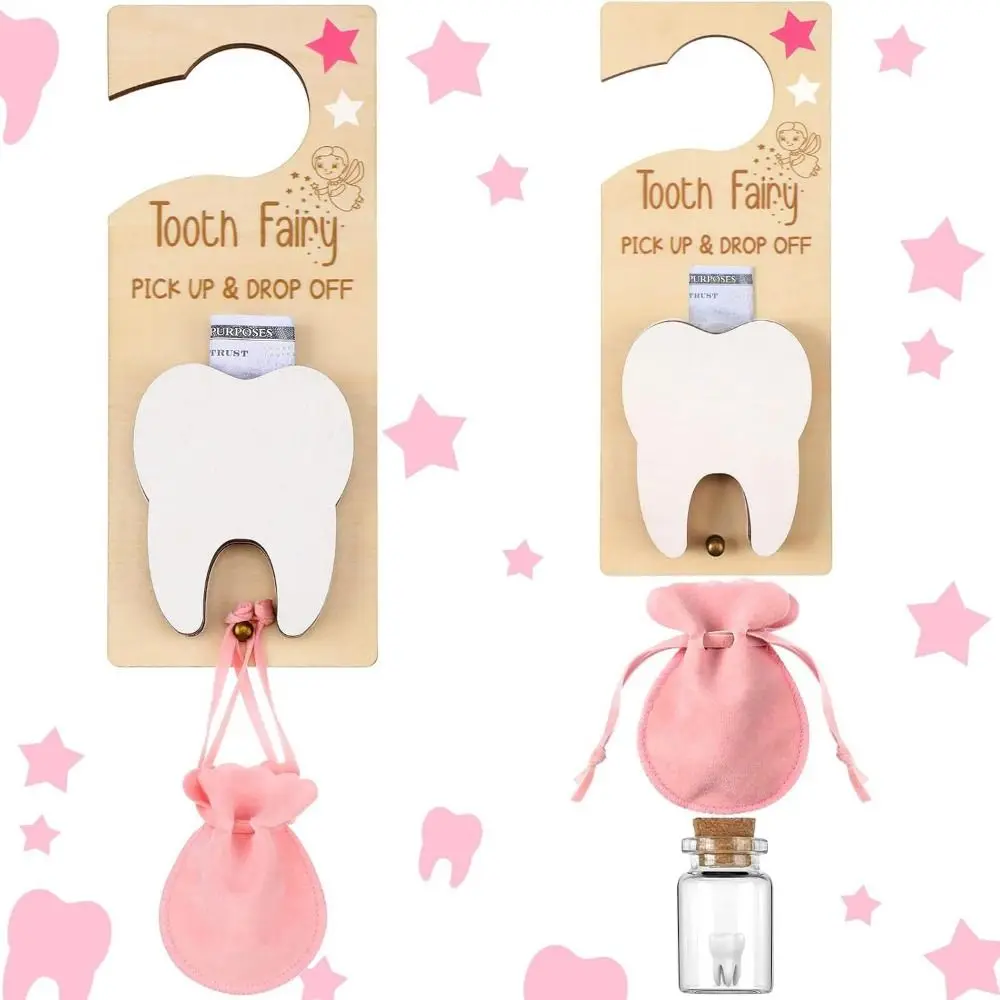 

1 Set With Bag Tooth Door Hanging Pendant With Slot Hanging Wooden Tooth Fairy Holder Wear Resistant Tooth Holder Bag