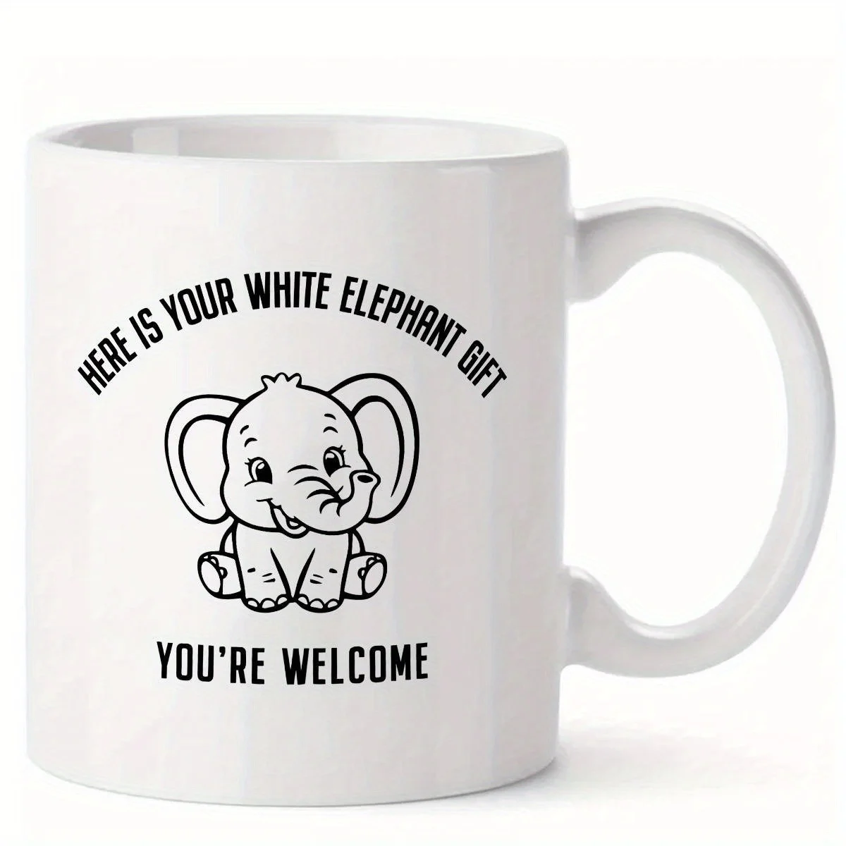 

1 керамическая кофейная кружка с забавным дизайном «Here's Your White Elephant Gift» — изолированная многоразовая кружка, которую можно стирать в машине.