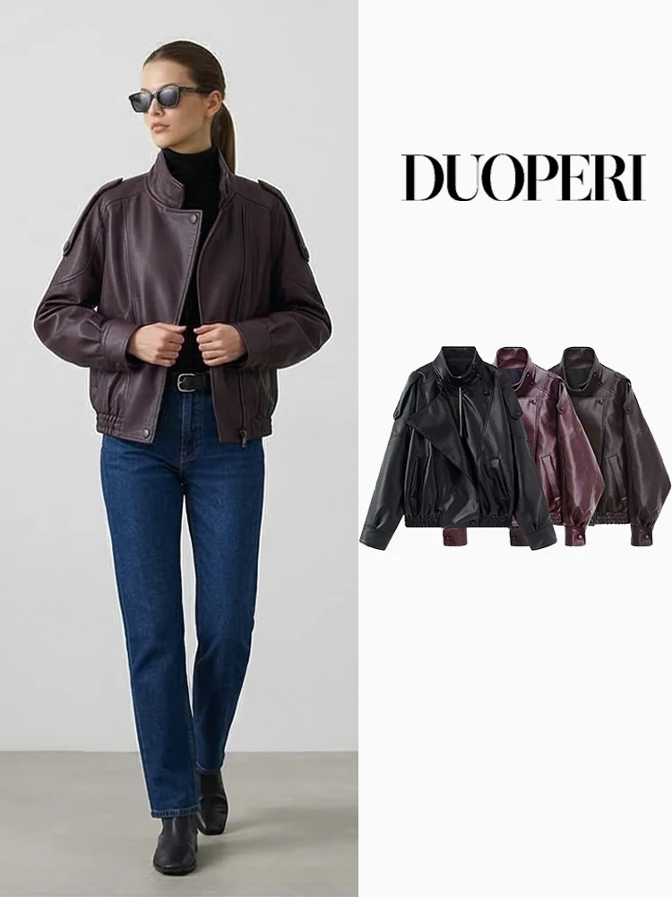 DUOPERI Women Fashion PU Solid Front Zipper Jackets Vintage High Neck Long Sleeves Female Chic Lady Outfits