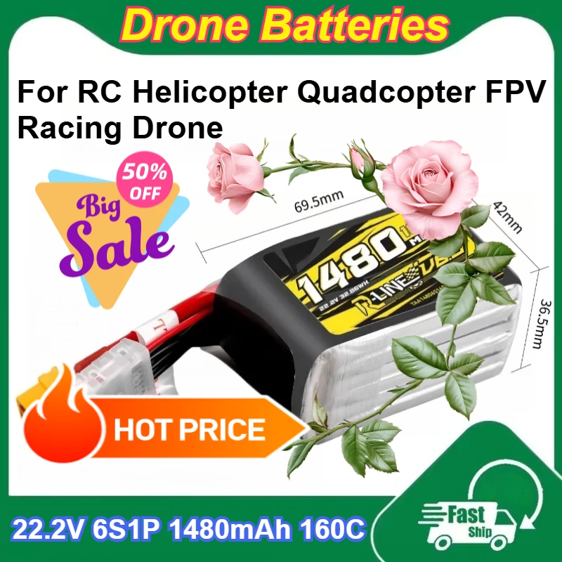 

22.2V 6S1P 1480mAh 160C Rechargeable SO ST Lipo Battery for RC Helicopter Quadcopter FPV Racing Drone Batteries with XT60 Plug
