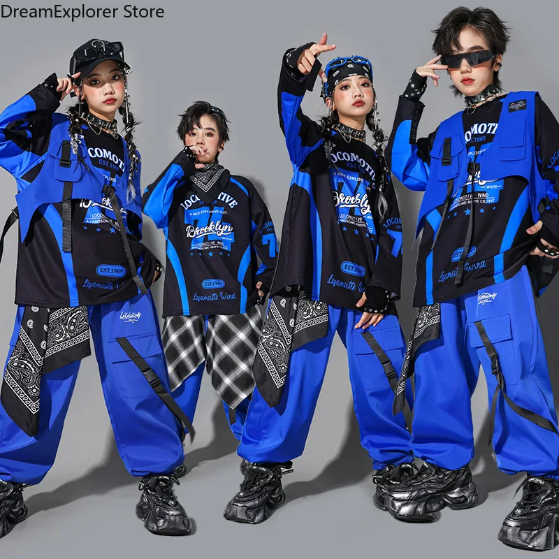 Sweat-shirt bleu Cool Hip Hop pour garçons, gilet, pantalon Cargo de danse de rue, Costumes de Jazz K-pop pour filles, ensembles de vêtements pour enfants, Streetwear pour enfants