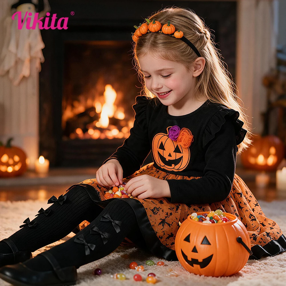 VIKITA Toddlers Halloween Pumpkin Dress Kids Tulle Mesh Bat Witch Spider Print Party Cosplay Holiday Dress Outfits Costumes