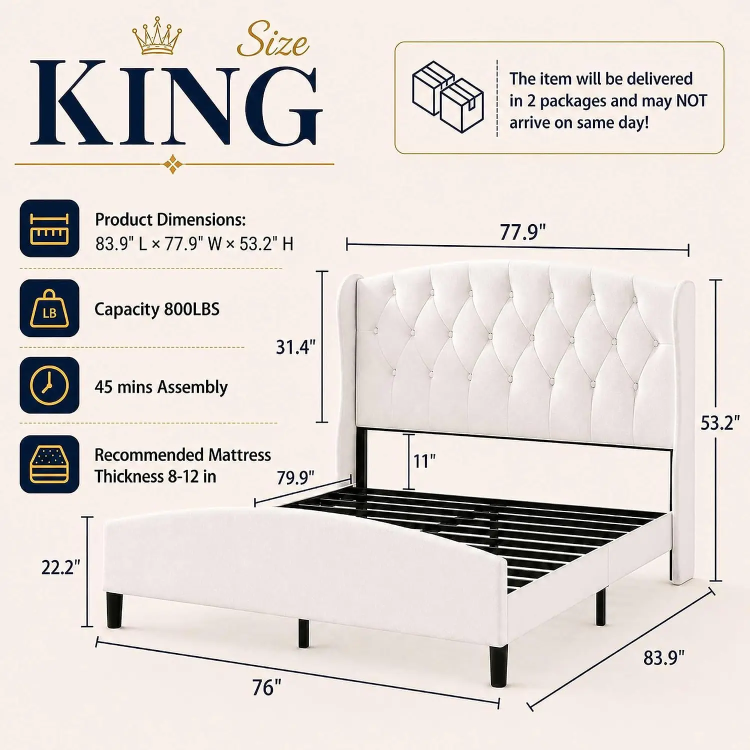 Upholstered King Bed Frame 53.2