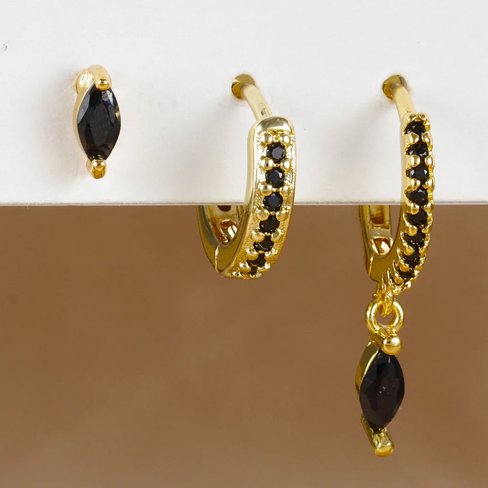 Brass plated genuine gold cross-border color diamond studded horse eye earrings, round inlaid zircon earrings, three piece set o