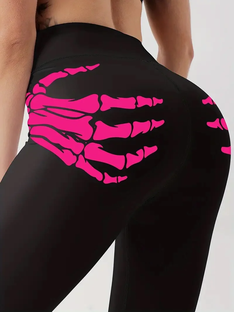 Sexy skeleton hand print stretch slim lift hip casual sports women's leggings small legs