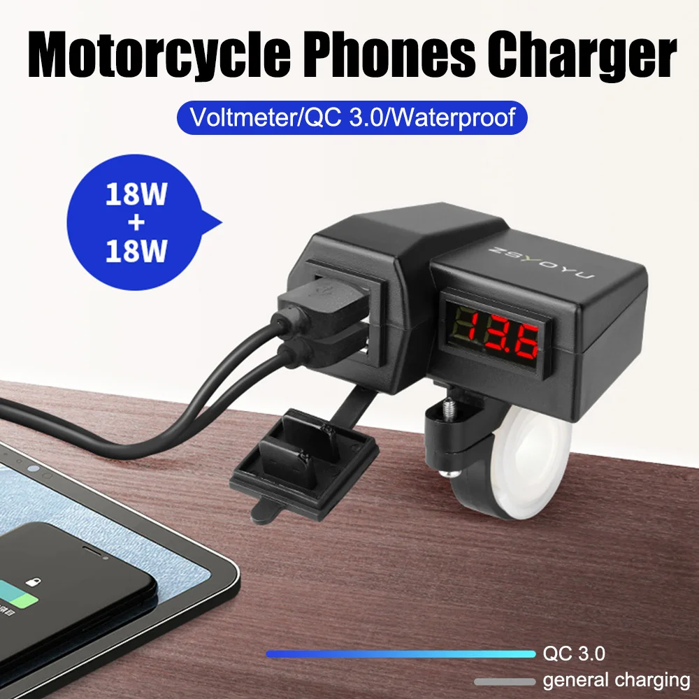 With 25A Fuse 5V 3.6A Quick Charge 3.0 Motorcycle USB Chargers With Voltmeter Waterproof Cover 12-24V Splitter Dual Ports