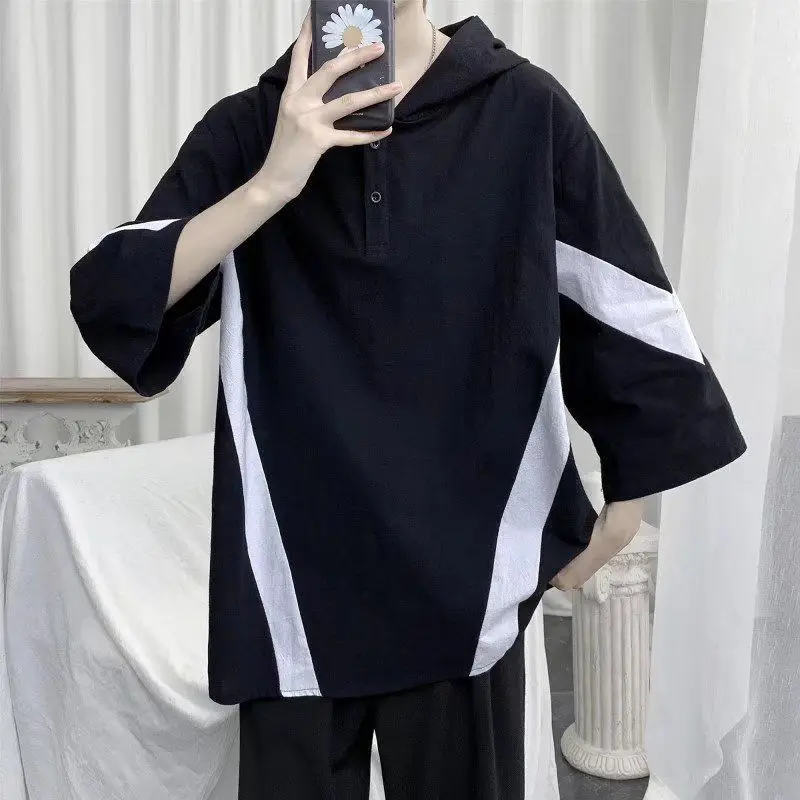 

Summer New Thin Trend Button Hooded Tops Men's Short Sleeve Contrast Loose All-match Youth T Shirts Casual Fashion Men Clothing