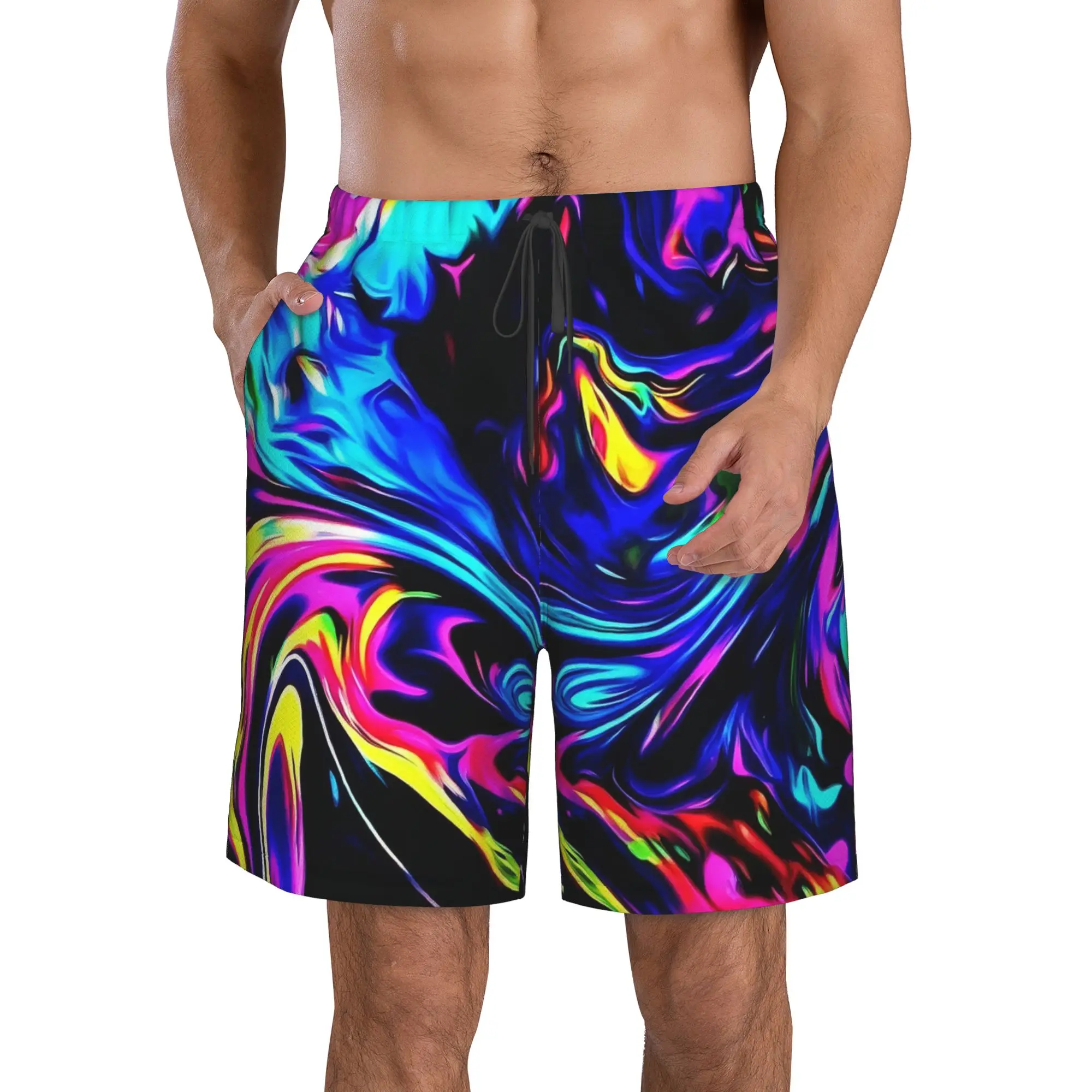Vibrant Neon Abstract Fluid Marble Print Trunks Beach Board Shorts Casual Quick Dry Swimming Summer Men Pants