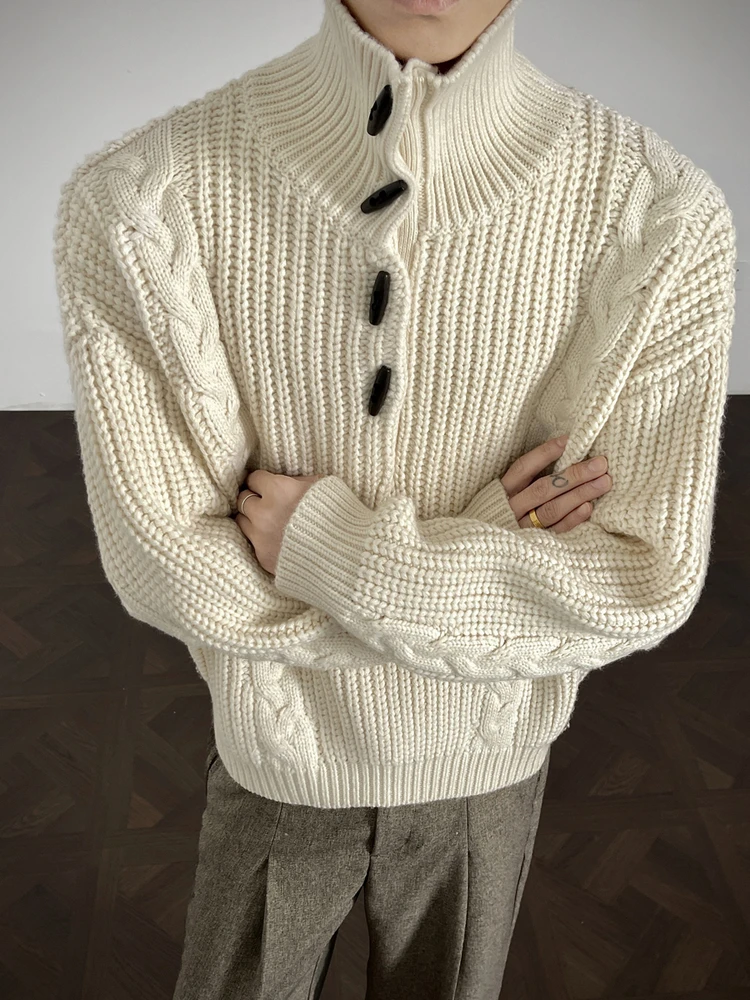 

Men's High Collar Knitwear Comfortable Heavyweight Winter Sweater with Horn Buttons Inner Wear Casual Sle Thi Warm Top