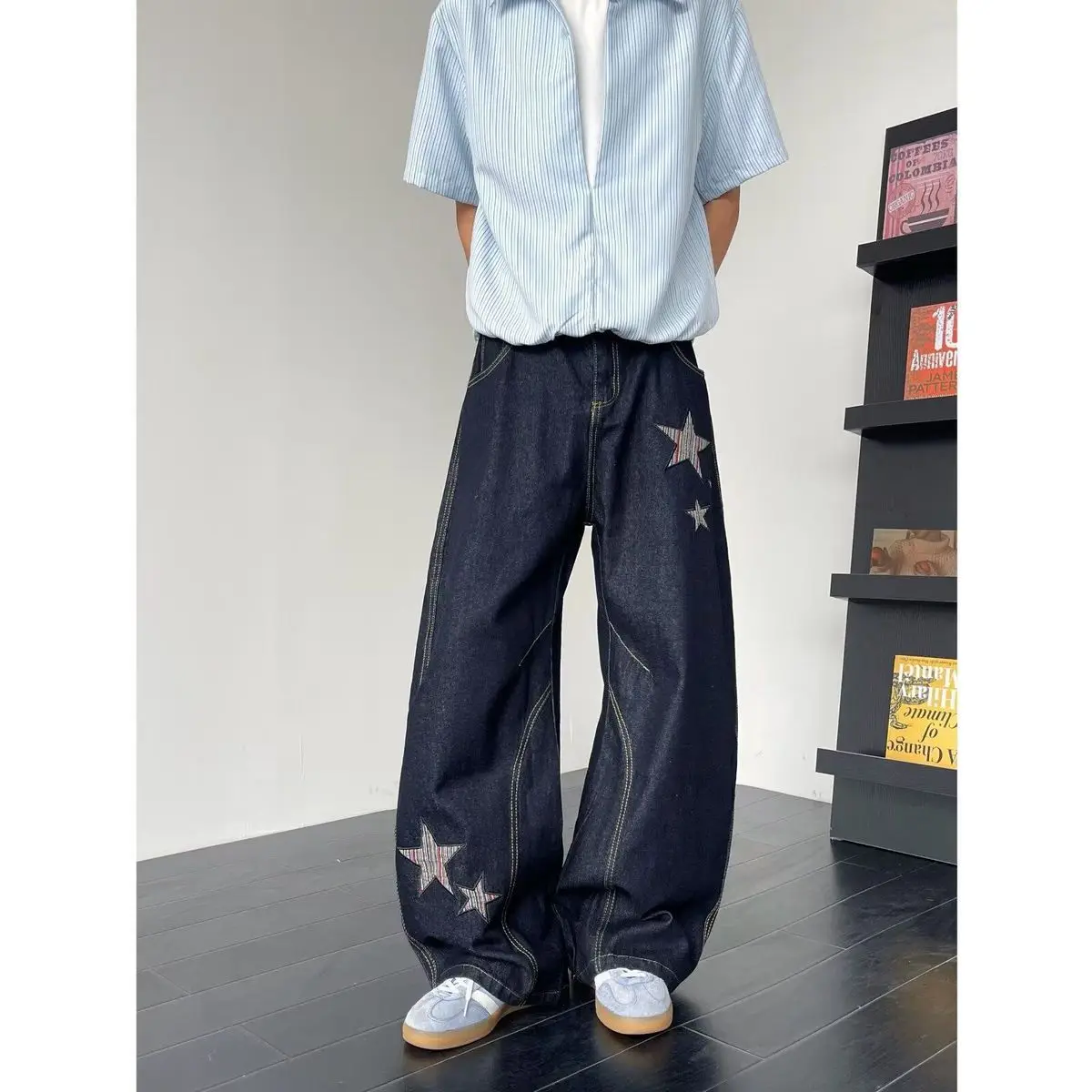 Men's Embroidered Star Pattern Jeans Casual Wide Legs Sweatpants Boys Summer Bottom Male High Waist Unisex Baggy Y2k Trousers