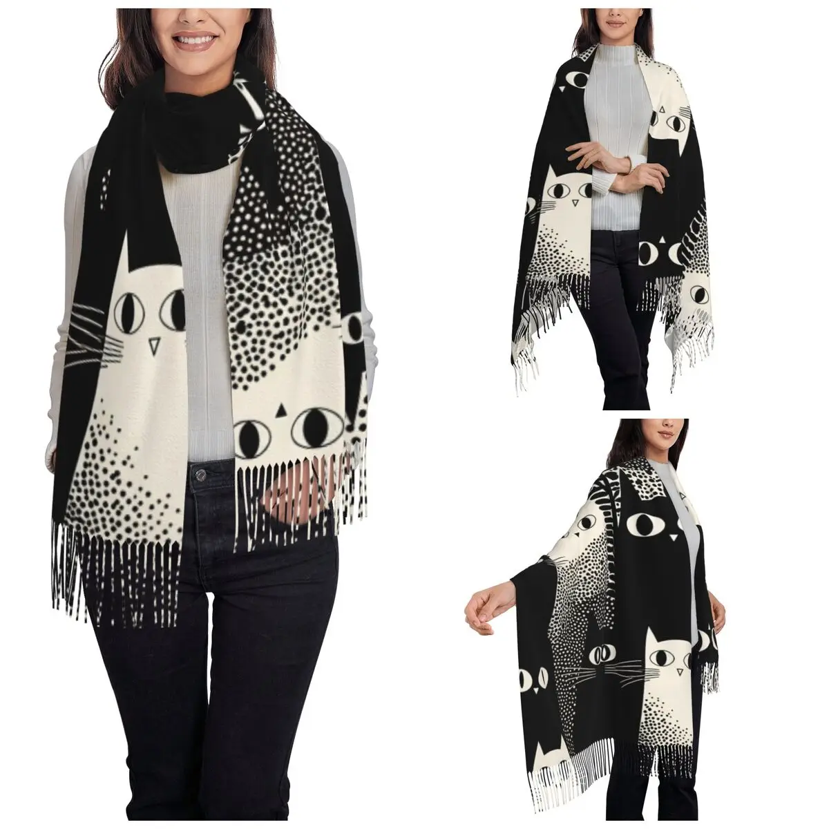 Yayoi Kusama Black White Cats Shawls Wraps Women Winter Warm Single-sided Pattern Scarf Neckerchief Tassel Scarves