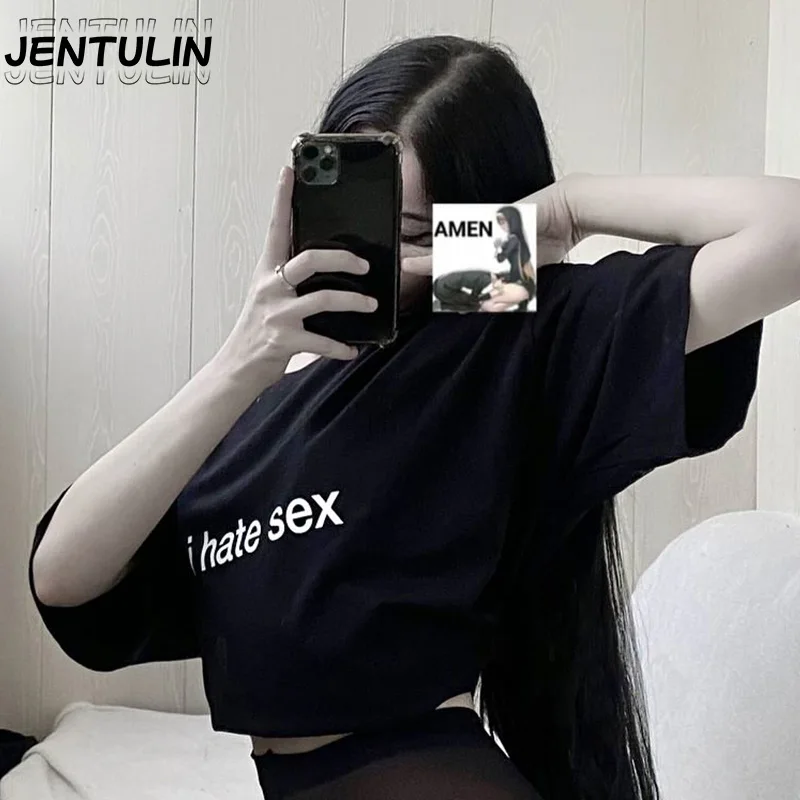 Harajuku Cotton I hate Sex Letter Print Men's Short Sleeved T-shirt Punk Hip Hop Streetwear Clothing Y2K Gothic Loose Top Unisex