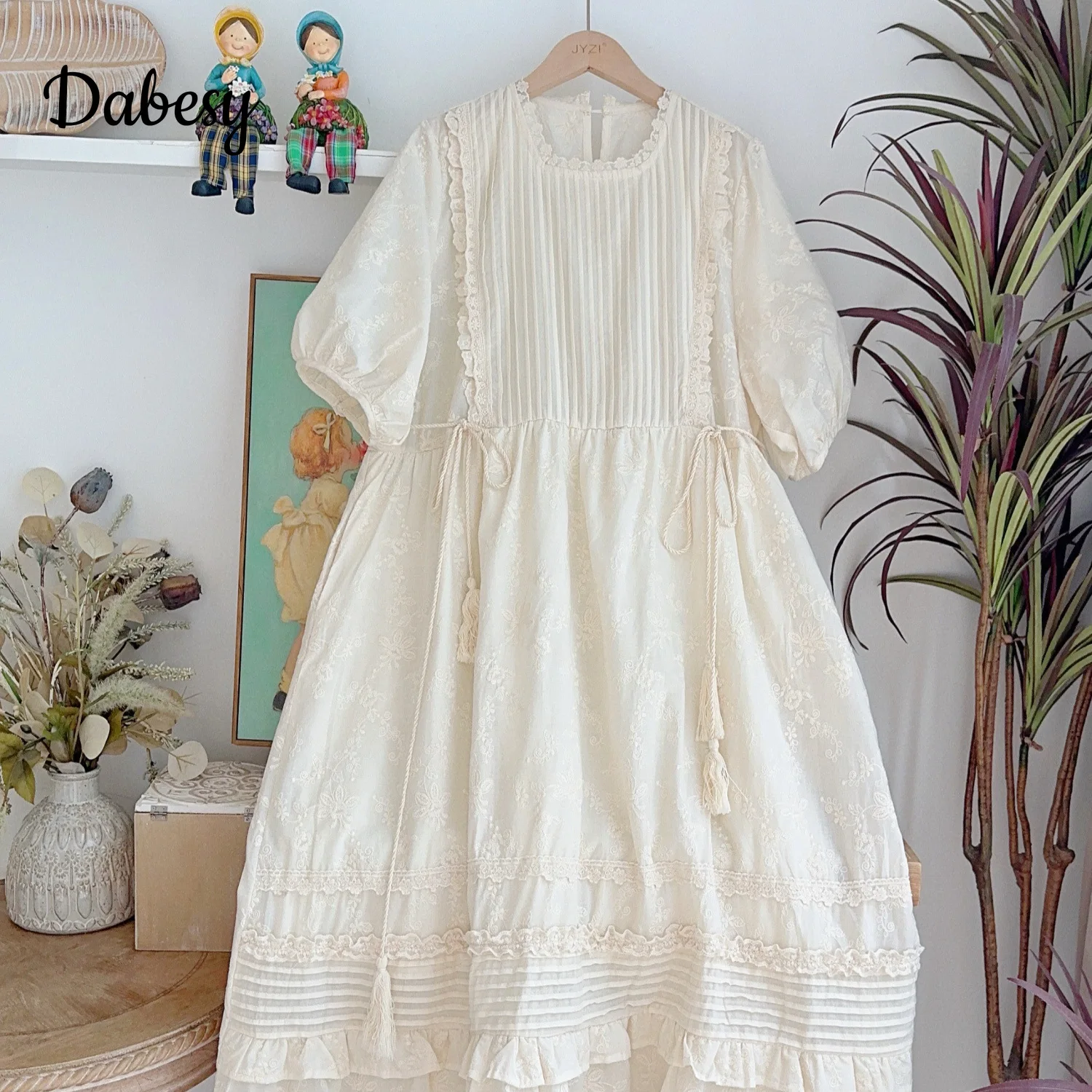 

Mori Girl Vinatge Pleated White Dress Women Summer New O-neck Lace-up Kawaii Long Dress Japan Style Puff Sleeve A-line Vestidos